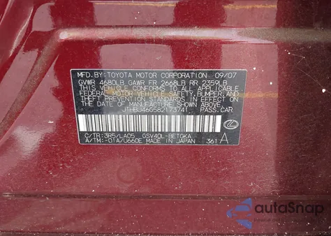 2008 Lexus Es 350 from USA, damaged, VIN JTHBJ46G582173741